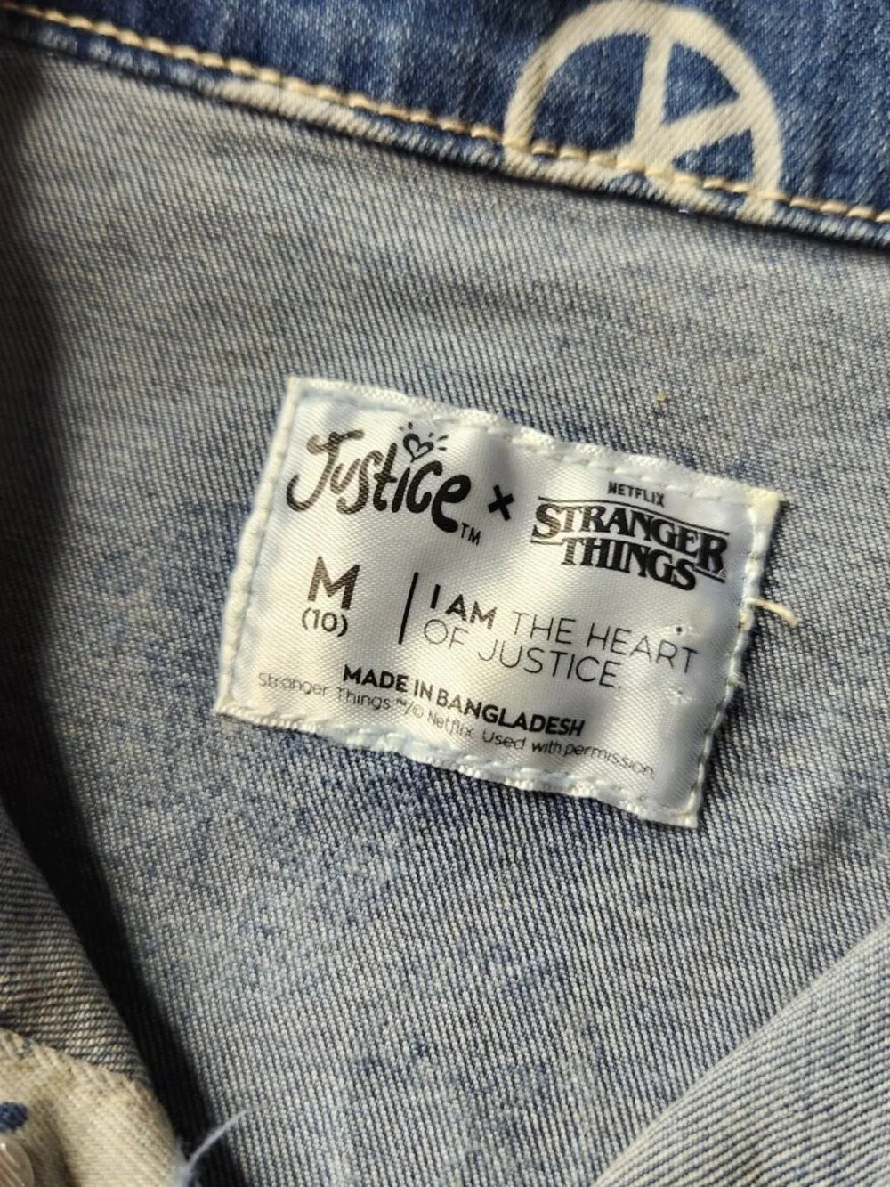 Girl’s Justice X Stranger Things Soft Denim Peace Sign Smiley Face Jacket Size M